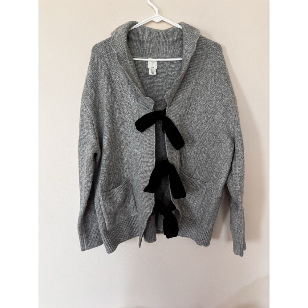 Joie Gray Cable Knit Cardigan Sweater Velvet Bow Tie Front Pockets M